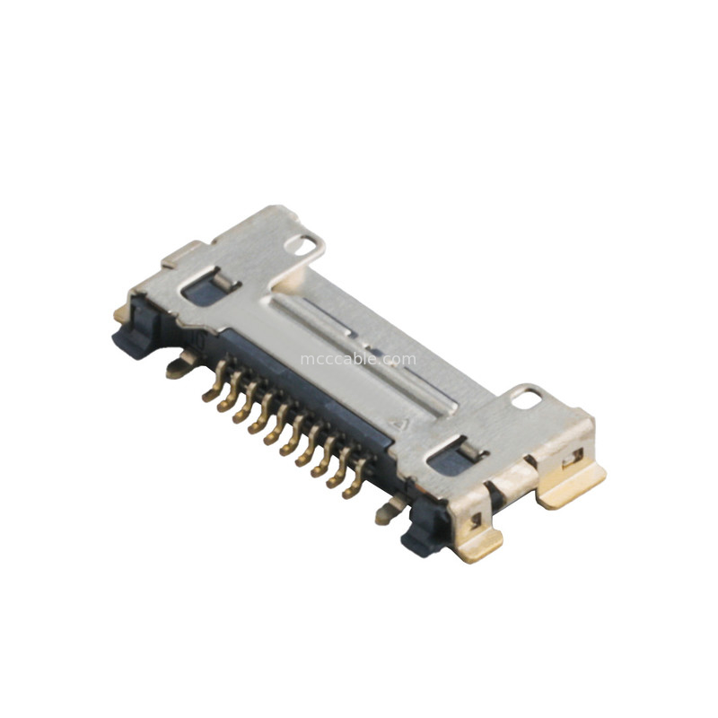 20633 ซีรีส์ 20Gbps/ Lane 20525-210E-02 เครื่องเชื่อม Micro Coaxial Connector 0.4mm Pitch Plate ติดท้ายที่นั่ง